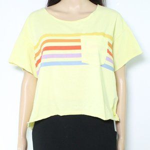NWT Womens Stunner California Buff Rainbow Stripes Cropped Tee Yellow L G347